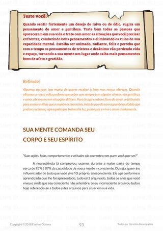 93
Copyright © 2018 Elainne Ourives Todos os Direitos Reservados
Teste você:
Quando sentir fortemente um desejo de raiva ou de ódio, sugira um
pensamento de amor e gentileza. Trate bem todas as pessoas que
aparecerem em sua vida e trate com amor as situações que você precisar
enfrentar, conduzindo bons pensamentos e eliminando os ruins de sua
capacidade mental. Escolha ser animado, radiante, feliz e perceba que
com o tempo os pensamentos de tristeza e desânimo vão perdendo vida
e espaço, tornando a sua mente um lugar onde caiba mais pensamentos
bons de afeto e gratidão.
Reflexão:
Algumas pessoas tem mania de querer receber o bem mas nunca oferecer. Quando
olhamos a nossa volta podemos perceber que sempre tem alguém oferecendo gentileza
eamor,atémesmoemsituaçõesdifíceis.Paredeagircontraofluxodoamor,sefechando
paraasmaravilhasqueomundoexternotem,indodeacordocomagrandemultidãoque
prefere reclamar, seja aquele que transmite luz, passe paz e viva o amor diariamente.
SUA MENTE COMANDA SEU
CORPO E SEU ESPÍRITO
“Suas ações, falas, comportamentos e atitudes são coerentes com quem você quer ser?”
A neurociência já comprovou, usamos durante a maior parte do tempo
cerca de 95% à 87% da capacidade de nossa mente inconsciente. Ou seja, quem é o
influenciador de tudo que você vive? O próprio, o inconsciente. Ele age conforme o
aprendizado que lhe foi apresentado, tudo está arquivado, todos os anos que você
viveu e ainda que seu consciente não se lembre, o seu inconsciente arquivou tudo e
hoje referencia-se a todos estes arquivos para atuar em sua vida.
 