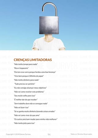 94
Copyright © 2018 Elainne Ourives Todos os Direitos Reservados
CRENÇAS LIMITADORAS
“Não tenho tempo para nada”
“Rico é trapaceiro”
“Ela tem esse carro porque herdou uma boa herança”
“Vive bem porque é filhinho de papai”
“Não tenho dinheiro para nada”
“Tudo precisa ser perfeito”
“Eu não consigo alcançar meus objetivos”
“Não sei como resolver este problema”
“Sou muito velho para isso”
“É melhor dar do que receber”
“Sem trabalho duro não se consegue nada”
“Não sei fazer isso”
“Só se ganha muito dinheiro fazendo coisas erradas”
“Não sei como viver do que amo”
“Os outros precisam mudar para minha vida melhorar”
“Não tenho jeito para isso”
 