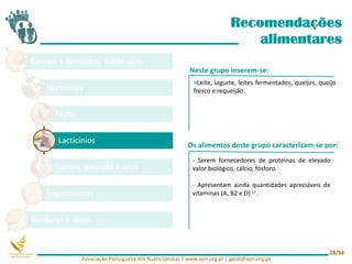 Cereais e derivados, tubérculos
Hortícolas
Fruta
Lacticínios
Carnes, pescado e ovos
Leguminosas
Gorduras e óleos
Recomendações
alimentares
Neste grupo inserem-se:
Os alimentos deste grupo caracterizam-se por:
- Serem fornecedores de proteínas de elevado
valor biológico, cálcio, fósforo.
- Apresentam ainda quantidades apreciáveis de
vitaminas (A, B2 e D) 17 .
>Leite, iogurte, leites fermentados, queijos, queijo
fresco e requeijão.
Associação Portuguesa dos Nutricionistas | www.apn.org.pt | geral@apn.org.pt
28/58
 