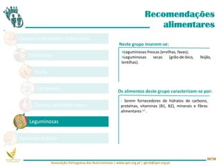 Cereais e derivados, tubérculos
Hortícolas
Fruta
Lacticínios
Carnes, pescado e ovos
Leguminosas
Gorduras e óleos
Recomendações
alimentares
Neste grupo inserem-se:
Os alimentos deste grupo caracterizam-se por:
- Serem fornecedores de hidratos de carbono,
proteínas, vitaminas (B1, B2), minerais e fibras
alimentares 17 .
>Leguminosas frescas (ervilhas, favas);
>Leguminosas secas (grão-de-bico, feijão,
lentilhas).
Associação Portuguesa dos Nutricionistas | www.apn.org.pt | geral@apn.org.pt
30/58
 