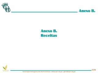 Anexo B.
Anexo B.
Receitas
Associação Portuguesa dos Nutricionistas | www.apn.org.pt | geral@apn.org.pt
52/58
 