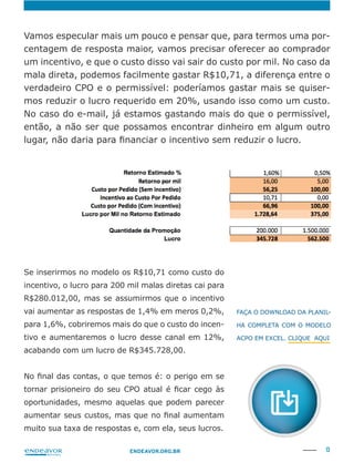 13ENDEAVOR.ORG.BR
Vamos especular mais um pouco e pensar que, para termos uma por-
centagem de resposta maior, vamos precisar oferecer ao comprador
um incentivo, e que o custo disso vai sair do custo por mil. No caso da
mala direta, podemos facilmente gastar R$10,71, a diferença entre o
verdadeiro CPO e o permissível: poderíamos gastar mais se quiser-
mos reduzir o lucro requerido em 20%, usando isso como um custo.
No caso do e-mail, já estamos gastando mais do que o permissível,
então, a não ser que possamos encontrar dinheiro em algum outro
Se inserirmos no modelo os R$10,71 como custo do
incentivo, o lucro para 200 mil malas diretas cai para
R$280.012,00, mas se assumirmos que o incentivo
vai aumentar as respostas de 1,4% em meros 0,2%,
para 1,6%, cobriremos mais do que o custo do incen-
tivo e aumentaremos o lucro desse canal em 12%,
acabando com um lucro de R$345.728,00.
oportunidades, mesmo aquelas que podem parecer
muito sua taxa de respostas e, com ela, seus lucros.
FAÇA O DOWNLOAD DA PLANIL-
 