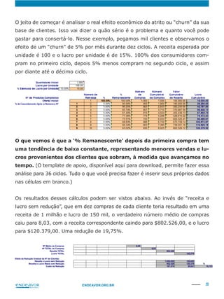 20ENDEAVOR.ORG.BR
O jeito de começar é analisar o real efeito econômico do atrito ou “churn” da sua
base de clientes. Isso vai dizer o quão sério é o problema e quanto você pode
gastar para consertá-lo. Nesse exemplo, pegamos mil clientes e observamos o
efeito de um “churn” de 5% por mês durante dez ciclos. A receita esperada por
unidade é 100 e o lucro por unidade é de 15%. 100% dos consumidores com-
pram no primeiro ciclo, depois 5% menos compram no segundo ciclo, e assim
por diante até o décimo ciclo.
O que vemos é que a ‘% Remanescente’ depois da primeira compra tem
uma tendência de baixa constante, representando menores vendas e lu-
cros provenientes dos clientes que sobram, à medida que avançamos no
(O template de apoio, disponível aqui para download, permite fazer essa
análise para 36 ciclos. Tudo o que você precisa fazer é inserir seus próprios dados
nas células em branco.)
Os resultados desses cálculos podem ser vistos abaixo. Ao invés de “receita e
lucro sem redução”, que em dez compras de cada cliente teria resultado em uma
receita de 1 milhão e lucro de 150 mil, o verdadeiro número médio de compras
caiu para 8,03, com a receita correspondente caindo para $802.526,00, e o lucro
 