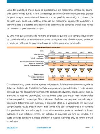 33ENDEAVOR.ORG.BR
-
cida como “efeito funil”, isto é, a diferença entre o número relativamente grande
de pessoas que demonstram interesse por um produto ou serviço e o número de
pessoas que, após um custoso processo de marketing, realmente compram. o
caminho para o desastre está repleto de carrinhos de compras cheios que nunca
terminaram o processo de compra.
os custos de todos os esforços em converter aqueles que não compram, entender
e medir as métricas do processo torna-se crítico para a lucratividade.
O modelo acima, que examina apenas mil pessoas, foi desenvolvido com a ajuda de
Roberto Lifschitz, do Portal Minha Vida, e é projetado para detectar o custo dessas
pessoas que “se cadastram” (geralmente gerada por adwords, pedidos de e-mail ou
tipo (para determinar, por exemplo, o seu peso ideal ou a velocidade em que seus
-
tividade. O que estabele-cemos, em relação ao processo do funil de vendas, é o
custo de cada cadastro e, neste exemplo, o Google Adwords era, de longe, o mais
econômico.
 