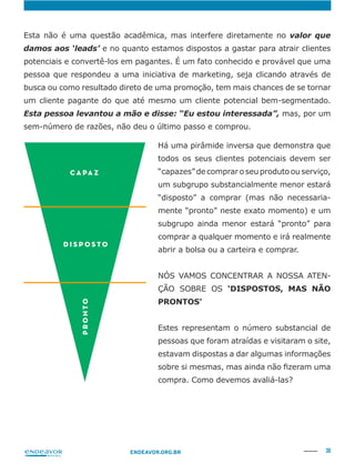 38ENDEAVOR.ORG.BR
valor que
damos aos ‘leads’ e no quanto estamos dispostos a gastar para atrair clientes
potenciais e convertê-los em pagantes. É um fato conhecido e provável que uma
pessoa que respondeu a uma iniciativa de marketing, seja clicando através de
busca ou como resultado direto de uma promoção, tem mais chances de se tornar
um cliente pagante do que até mesmo um cliente potencial bem-segmentado.
Esta pessoa levantou a mão e disse: “Eu estou interessada”, mas, por um
todos os seus clientes potenciais devem ser
“capazes” de comprar o seu produto ou serviço,
um subgrupo substancialmente menor estará
“disposto” a comprar (mas não necessaria-
mente “pronto” neste exato momento) e um
subgrupo ainda menor estará “pronto” para
comprar a qualquer momento e irá realmente
abrir a bolsa ou a carteira e comprar.
-
‘DISPOSTOS, MAS NÃO
PRONTOS’
pessoas que foram atraídas e visitaram o site,
compra. Como devemos avaliá-las?
C A PA Z
D I S P O S T O
PRONTO
 