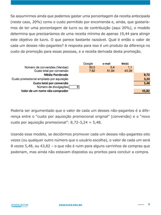41ENDEAVOR.ORG.BR
Se assumirmos ainda que podemos gastar uma porcentagem da receita antecipada
(neste caso, 20%) como o custo permitido por encomenda e, ainda, que gostaría-
mos de ter uma porcentagem de lucro ou de contribuição (aqui 20%), o modelo
determina que precisaríamos de uma receita mínima de apenas 19,44 para atingir
este objetivo de lucro. O que parece bastante razoável. Qual é então o valor de
cada um desses não-pagantes? A resposta para isso é um produto da diferença no
custo da promoção para essas pessoas, e a receita derivada desta promoção.
Poderia ser argumentado que o valor de cada um desses não-pagantes é a dife-
rença entre o “custo por aquisição promocional original” (conversão) e o “novo
custo por aquisição promocional”: 8,72-3,24 = 5,48.
vezes (ou qualquer outro número que o usuário escolha), o valor de cada um será
8 vezes 5,48, ou 43,82 – o que não é ruim para alguns carrinhos de compras que
poderiam, mas ainda não estavam dispostos ou prontos para concluir a compra.
 