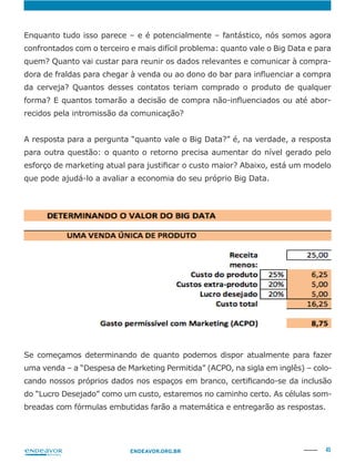 45ENDEAVOR.ORG.BR
-
da cerveja? Quantos desses contatos teriam comprado o produto de qualquer
-
recidos pela intromissão da comunicação?
para outra questão: o quanto o retorno precisa aumentar do nível gerado pelo
Se começamos determinando de quanto podemos dispor atualmente para fazer
uma venda – a “Despesa de Marketing Permitida” (ACPO, na sigla em inglês) – colo-
do “Lucro Desejado” como um custo, estaremos no caminho certo. As células som-
breadas com fórmulas embutidas farão a matemática e entregarão as respostas.
 