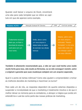 5ENDEAVOR.ORG.BR
Também é altamente recomendado que, a não ser que você tenha uma razão
muito forte para isso, não mude as fórmulas, ou se não conseguir resistir, salve
o original e garanta que suas mudanças estejam em um arquivo separado.
Qual é o ponto de tantas métricas? Como elas ajudam o empreendedor a tomar
Para cada um de nós, as respostas dependem do quanto estamos dispostos a
suspender a incredulidade de que o marketing é totalmente intuitivo e de que é
melhor deixar os números para os contadores, e abraçar a mágica que existe em
entendê-los e usá-los como parte das nossas práticas de marketing.
uma aba para cada template que se refere ao capí-
tulo em que ele aparece como exemplo.
É altamente recomen-
dado que, ao fazer o
download do arquivo,
você salve com um
novo nome.
um novo arquivo e
delete todos os dados
de exemplo nas células
brancas
Depois, salve como
um novo arquivo
intitulado “Master
Template” e crie uma
cópia dele cada vez
que desejar usá-lo
nos seus cálculos.
Modelo ACPO Redução Gradual Nº Clientes CRM Funil de vendas
 