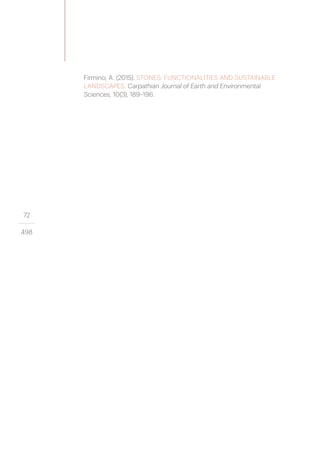 72
498
Firmino, A. (2015). STONES: FUNCTIONALITIES AND SUSTAINABLE
LANDSCAPES. Carpathian Journal of Earth and Environmental
Sciences, 10(3), 189–196.
 