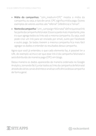 18O GUIA COMPLETO DO GOOGLE ANALYTICS
»» Mídia da campanhas: “utm_medium=CPC” mostra a mídia da
campanha, ou seja, o tipo de canal. CPC significa mídia paga. Outros
exemplos de valores aceitos são “referral” (referência) e “email”.
»» Nomedacampanha:“utm_campaign=feliznatal”definequeesselink
fazpartedacampanhafeliznatal.Essaéapartemaisimportante,pios
é o que agrega todos os links sob a mesma campanha. Ou seja, você
pode criar um link para ser enviado por email, outro por Facebook
e outro pago. Se todos tiverem a mesma campanha fica mais fácil
agregar os dados e entender os resultados dessa campanha.
Agora que você já entendeu o que cada elemento faz, é possível ler a
URL de exemplo acima e ver que esse link é da campanha feliznatal e
será distribuido de maneira paga (CPC) em blogs.
Dessa maneira os dados aparecerão de maneira ordenada no Google
Analytics, tornando fácil juntar todos os links da campanha de feliznatal
atravésdevárioscanaisdistintoseanalisaraeficiênciadessacampanha
de forma geral.
 