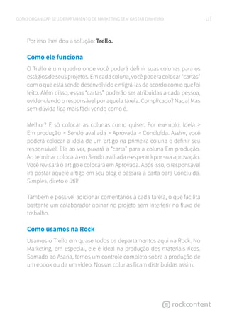 12COMO ORGANIZAR SEU DEPARTAMENTO DE MARKETING SEM GASTAR DINHEIRO
Por isso lhes dou a solução: Trello.
Como ele funciona
O Trello é um quadro onde você poderá definir suas colunas para os
estágios de seus projetos. Em cada coluna, você poderá colocar “cartas”
com o que está sendo desenvolvido e migrá-las de acordo com o que foi
feito. Além disso, essas “cartas” poderão ser atribuídas a cada pessoa,
evidenciando o responsável por aquela tarefa. Complicado? Nada! Mas
sem dúvida fica mais fácil vendo como é.
Melhor? É só colocar as colunas como quiser. Por exemplo: Ideia >
Em produção > Sendo avaliada > Aprovada > Concluída. Assim, você
poderá colocar a ideia de um artigo na primeira coluna e definir seu
responsável. Ele ao ver, puxará a “carta” para a coluna Em produção.
Ao terminar colocará em Sendo avaliada e esperará por sua aprovação.
Você revisará o artigo e colocará em Aprovada. Após isso, o responsável
irá postar aquele artigo em seu blog e passará a carta para Concluída.
Simples, direto e útil!
Também é possível adicionar comentários à cada tarefa, o que facilita
bastante um colaborador opinar no projeto sem interferir no fluxo de
trabalho.
Como usamos na Rock
Usamos o Trello em quase todos os departamentos aqui na Rock. No
Marketing, em especial, ele é ideal na produção dos materiais ricos.
Somado ao Asana, temos um controle completo sobre a produção de
um ebook ou de um vídeo. Nossas colunas ficam distribuídas assim:
 