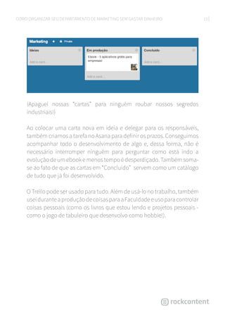 13COMO ORGANIZAR SEU DEPARTAMENTO DE MARKETING SEM GASTAR DINHEIRO
(Apaguei nossas “cartas” para ninguém roubar nossos segredos
industriais!)
Ao colocar uma carta nova em ideia e delegar para os responsáveis,
também criamos a tarefa no Asana para definir os prazos. Conseguimos
acompanhar todo o desenvolvimento de algo e, dessa forma, não é
necessário interromper ninguém para perguntar como está indo a
evolução de um ebook e menos tempo é desperdiçado. Também soma-
se ao fato de que as cartas em “Concluído” servem como um catálogo
de tudo que já foi desenvolvido.
O Trello pode ser usado para tudo. Além de usá-lo no trabalho, também
useiduranteaproduçãodecoisasparaaFaculdadeeusoparacontrolar
coisas pessoais (como os livros que estou lendo e projetos pessoais -
como o jogo de tabuleiro que desenvolvo como hobbie!).
 