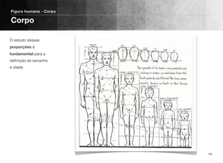 O estudo dessas
proporções é
fundamental para a
deﬁnição de tamanho
e idade.
Figura humana - Corpo
Corpo
106
 