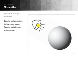 O conceito de iluminação é
bem simples: 
 
Quanto mais próximo
da luz, mais claro. 
Quanto mais longe,
mais escuro.
Luz e sombra
Conceito
12
 