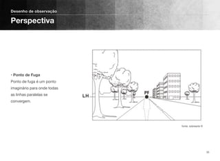  
 
 
 
• Ponto de Fuga 
Ponto de fuga é um ponto
imaginário para onde todas
as linhas paralelas se
convergem.
Desenho de observação
Perspectiva
35
fonte: sobrearte ©
 