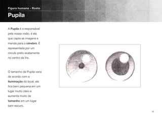 A Pupila é a responsável
pela nossa visão, é ela
que capta as imagens e
manda para o cérebro. É
representada por um
circulo preto exatamente
no centro da Íris.
O tamanho da Pupila varia
de acordo com a
iluminação do local, ela
ﬁca bem pequena em um
lugar muito claro e
aumenta muito de
tamanho em um lugar
bem escuro.
Figura humana - Rosto
Pupíla
42
 
