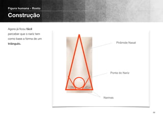 Agora já ﬁcou fácil
perceber que o nariz tem
como base a forma de um
triângulo.
Figura humana - Rosto
Construção
49
Pirâmide Nasal
Ponta do Nariz
Narinas
 
