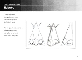 Começando pelo
triângulo, traçamos o
nariz de acordo com a
posição do rosto. 
Repare que, independente
da posição, a base
triangular do nariz não
sofre muita alteração.
Figura humana - Rosto
Esboço
50
 