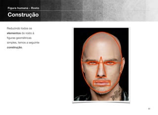 Reduzindo todos os
elementos do rosto à
ﬁguras geométricas
simples, temos a seguinte
construção.
Figura humana - Rosto
Construção
62
 