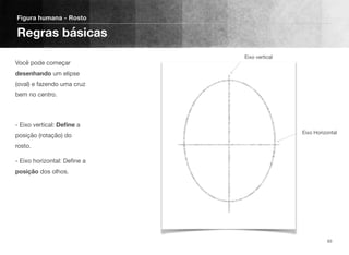Você pode começar
desenhando um elipse
(oval) e fazendo uma cruz
bem no centro.
- Eixo vertical: Deﬁne a
posição (rotação) do
rosto.
- Eixo horizontal: Deﬁne a
posição dos olhos.
Figura humana - Rosto
Regras básicas
63
Eixo vertical
Eixo Horizontal
 