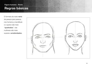 O formato do rosto varia
de pessoa para pessoa,
nos homens a mandíbula
e o queixo são mais
“quadrados”, nas
mulheres são mais
suaves e arredondados.
Figura humana - Rosto
Regras básicas
66
 