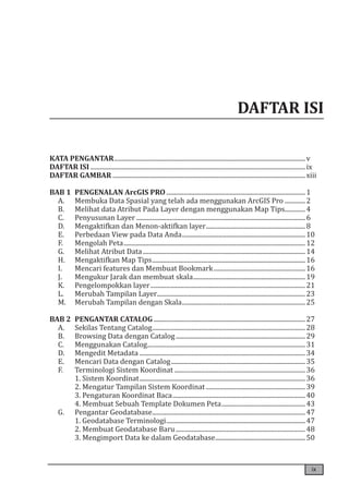 ix
DAFTAR ISI
KATA PENGANTAR.......................................................................................................................... v
DAFTAR ISI......................................................................................................................................... ix
DAFTAR GAMBAR........................................................................................................................... xiii
BAB 1. PENGENALAN ArcGIS PRO.........................................................................................1
A.. Membuka Data Spasial yang telah ada menggunakan ArcGIS Pro..............2
B.. Melihat data Atribut Pada Layer dengan menggunakan Map Tips.............4
C.. Penyusunan Layer............................................................................................................6
D.. Mengaktifkan dan Menon-aktifkan layer................................................................8
E.. Perbedaan View pada Data Anda...............................................................................10
F.. Mengolah Peta.................................................................................................................... 12
G.. Melihat Atribut Data........................................................................................................14
H.. Mengaktifkan Map Tips..................................................................................................16
I.. Mencari features dan Membuat Bookmark...........................................................16
J.. Mengukur Jarak dan membuat skala........................................................................19
K.. Pengelompokkan layer...................................................................................................21
L.. Merubah Tampilan Layer..............................................................................................23
M.. Merubah Tampilan dengan Skala...............................................................................25
BAB 2. PENGANTAR CATALOG.................................................................................................27
A.. Sekilas Tentang Catalog..................................................................................................28
B.. Browsing Data dengan Catalog...................................................................................29
C.. Menggunakan Catalog.....................................................................................................31
D.. Mengedit Metadata..........................................................................................................34
E.. Mencari Data dengan Catalog......................................................................................35
F.. Terminologi Sistem Koordinat....................................................................................36
	. 1. Sistem Koordinat..........................................................................................................36
	. 2. Mengatur Tampilan Sistem Koordinat................................................................39
	. 3. Pengaturan Koordinat Baca.....................................................................................40
	. 4. Membuat Sebuah Template Dokumen Peta......................................................43
G.. Pengantar Geodatabase..................................................................................................47
	. 1. Geodatabase Terminologi.........................................................................................47
	. 2. Membuat Geodatabase Baru...................................................................................48
	. 3. Mengimport Data ke dalam Geodatabase..........................................................50
 