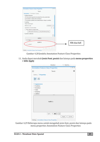 BAB 4 - Membuat Data Spasial 85
Gambar 4.28 Jendela Annotation Feature Class Properties
11. Anda dapat merubah Jenis Font, posisi dan lainnya pada menu properties
> klik Apply
Gambar 4.29 Beberapa menu untuk mengubah jenis font, posisi dan lainnya pada
menu properties Annotation Feature Class Properties
 