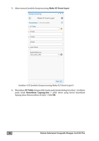 88 Sistem Informasi Geografis Dengan ArcGIS Pro
5. Akan muncul jendela Geoprocessing Make XY Event Layer
Gambar 4.35 Jendela Geoprocessing Make X,Y Event Layer3
6. Masukkan XY Table dengan klik tanda pada kotak dialog tersebut > Arahkan
pada letak Koordinat Lapang.xlsx > pilih sheet yang berisi koordinat
lapang akan dimunculkan di layer > klik OK
 