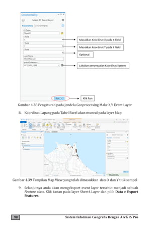 90 Sistem Informasi Geografis Dengan ArcGIS Pro
Gambar 4.38 Pengaturan pada Jendela Geoprocessing Make X,Y Event Layer
8. Koordinat Lapang pada Tabel Excel akan muncul pada layer Map
Gambar 4.39 Tampilan Map View yang telah dimasukkan data X dan Y titik sampel
9. Selanjutnya anda akan mengeksport event layer tersebut menjadi sebuah
Feature class. Klik kanan pada layer Sheet4.Layer dan pilih Data > Export
Features
 