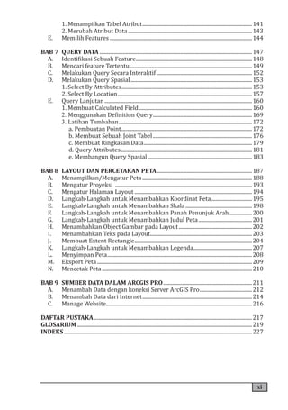 xi
	. 1. Menampilkan Tabel Atribut.....................................................................................141
	. 2. Merubah Atribut Data................................................................................................143
E.. Memilih Features..............................................................................................................144
BAB 7. QUERY DATA...................................................................................................................... 147
A.. Identifikasi Sebuah Feature..........................................................................................148
B.. Mencari feature Tertentu...............................................................................................149
C.. Melakukan Query Secara Interaktif..........................................................................152
D.. Melakukan Query Spasial..............................................................................................153
	. 1. Select By Attributes.....................................................................................................153
	. 2. Select By Location........................................................................................................157
E.. Query Lanjutan..................................................................................................................160
	. 1. Membuat Calculated Field........................................................................................160
	. 2. Menggunakan Definition Query.............................................................................169
	. 3. Latihan Tambahan.......................................................................................................172
. a. Pembuatan Point.....................................................................................................172
. b. Membuat Sebuah Joint Tabel.............................................................................176
. c. Membuat Ringkasan Data....................................................................................179
. d. Query Attributes.....................................................................................................181
. e. Membangun Query Spasial.................................................................................183
BAB 8. LAYOUT DAN PERCETAKAN PETA..........................................................................187
A.. Menampilkan/Mengatur Peta.....................................................................................188
B.. Mengatur Proyeksi ..........................................................................................................193
C.. Mengatur Halaman Layout...........................................................................................194
D.. Langkah-Langkah untuk Menambahkan Koordinat Peta................................195
E.. Langkah-Langkah untuk Menambahkan Skala....................................................198
F.. Langkah-Langkah untuk Menambahkan Panah Penunjuk Arah..................200
G.. Langkah-Langkah untuk Menambahkan Judul Peta..........................................201
H.. Menambahkan Object Gambar pada Layout.........................................................202
I.. Menambahkan Teks pada Layout...............................................................................203
J.. Membuat Extent Rectangle...........................................................................................204
K.. Langkah-Langkah untuk Menambahkan Legenda..............................................207
L.. Menyimpan Peta................................................................................................................208
M.. Eksport Peta........................................................................................................................ 209
N.. Mencetak Peta....................................................................................................................210
BAB 9. SUMBER DATA DALAM ARCGIS PRO.....................................................................211
A.. Menambah Data dengan koneksi Server ArcGIS Pro.........................................212
B.. Menambah Data dari Internet.....................................................................................214
C.. Manage Website.................................................................................................................216
DAFTAR PUSTAKA.......................................................................................................................... 217
GLOSARIUM....................................................................................................................................... 219
INDEKS................................................................................................................................................. 227
 
