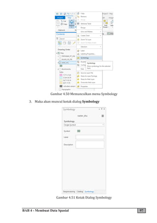 BAB 4 - Membuat Data Spasial 97
Gambar 4.50 Memunculkan menu Symbology
3. Maka akan muncul kotak dialog Symbology
Gambar 4.51 Kotak Dialog Symbology
 