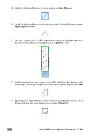 106 Sistem Informasi Geografis Dengan ArcGIS Pro
10. Untuk melakukan sketsa garis secara umum, gunakan Line tool
11. Untuk melakukan sketsa garis dengan mengawali dari angle kanan gunakan
Right Angle Line Tool
12. JIka pada digitasi, perlu dilakukan pembentukan garis melengkung dianara
dua titik maka anda dapat menggunakan Arc Segment tool
13. Untuk menentukkan garis mana yang telah didigitasi dan kemana arah
lintasannya, anda dapat mengikuti arah lintasan digitasi dengan Trace Tool
14. Apabila proses digitasi telah selesai, maka untuk melakukan selesai selain
dengan klik dua kali, anda dapat menggunakan Finish Tool
 