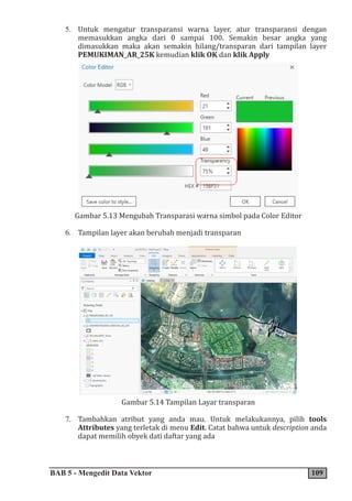 BAB 5 - Mengedit Data Vektor 109
5. Untuk mengatur transparansi warna layer, atur transparansi dengan
memasukkan angka dari 0 sampai 100. Semakin besar angka yang
dimasukkan maka akan semakin hilang/transparan dari tampilan layer
PEMUKIMAN_AR_25K kemudian klik OK dan klik Apply
Gambar 5.13 Mengubah Transparasi warna simbol pada Color Editor
6. Tampilan layer akan berubah menjadi transparan
Gambar 5.14 Tampilan Layar transparan
7. Tambahkan atribut yang anda mau. Untuk melakukannya, pilih tools
Attributes yang terletak di menu Edit. Catat bahwa untuk description anda
dapat memilih obyek dati daftar yang ada
 