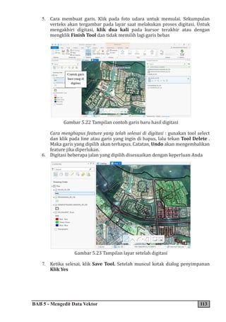 BAB 5 - Mengedit Data Vektor 113
5. Cara membuat garis. Klik pada foto udara untuk memulai. Sekumpulan
verteks akan tergambar pada layar saat melakukan proses digitasi. Untuk
mengakhiri digitasi, klik dua kali pada kursor terakhir atau dengan
mengklik Finish Tool dan tidak memilih lagi garis bebas
Gambar 5.22 Tampilan contoh garis baru hasil digitasi
Cara menghapus feature yang telah selesai di digitasi : gunakan tool select
dan klik pada line atau garis yang ingin di hapus, lalu tekan Tool Delete .
Maka garis yang dipilih akan terhapus. Catatan, Undo akan mengembalikan
feature jika diperlukan.
6. Digitasi beberapa jalan yang dipilih disesuaikan dengan keperluan Anda
Gambar 5.23 Tampilan layar setelah digitasi
7. Ketika selesai, klik Save Tool. Setelah muncul kotak dialog penyimpanan
Klik Yes
 