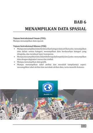 121
BAB 6
MENAMPILKAN DATA SPASIAL
Tujuan Instruksional Umum (TIU):
Mampu menampilkan data spasial.
Tujuan Instruksional Khusus (TIK):
• Mampumenampilkandataberdasarkankategoridataatributyaitu:menampilkan
data dalam semua kategori, menampilkan data berdasarkan kategori yang
diinginka, dan membuat layer transparan.
• Mampumenampilkandatadalambeberapakelompok(class)yaitu:menampilkan
data dengan degradasi warna dan simbol.
• Mampu menampilkan data grafik.
• Mampu menampilkan tabel atribut dan merubah tampilannya seperi:
menampilkan tabel atribut dan merubah atribut data, serta memilih features.
 