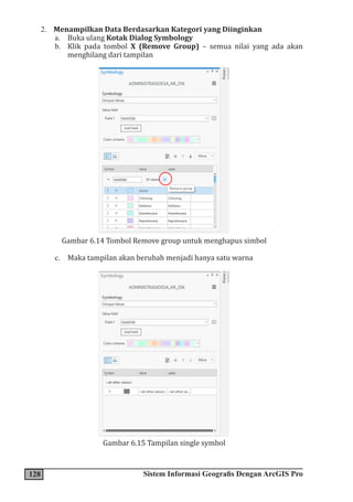 128 Sistem Informasi Geografis Dengan ArcGIS Pro
2. Menampilkan Data Berdasarkan Kategori yang Diinginkan
a. Buka ulang Kotak Dialog Symbology
b. Klik pada tombol X (Remove Group) – semua nilai yang ada akan
menghilang dari tampilan
Gambar 6.14 Tombol Remove group untuk menghapus simbol
c. Maka tampilan akan berubah menjadi hanya satu warna
Gambar 6.15 Tampilan single symbol
 