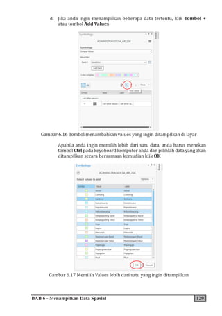 BAB 6 - Menampilkan Data Spasial 129
d. Jika anda ingin menampilkan beberapa data tertentu, klik Tombol +
atau tombol Add Values
Gambar 6.16 Tombol menambahkan values yang ingin ditampilkan di layar
Apabila anda ingin memilih lebih dari satu data, anda harus menekan
tombol Ctrl pada keyoboard komputer anda dan pilihlah data yang akan
ditampilkan secara bersamaan kemudian klik OK
Gambar 6.17 Memilih Values lebih dari satu yang ingin ditampilkan
 