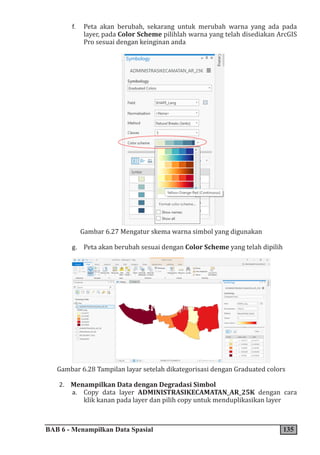 BAB 6 - Menampilkan Data Spasial 135
f. Peta akan berubah, sekarang untuk merubah warna yang ada pada
layer, pada Color Scheme pilihlah warna yang telah disediakan ArcGIS
Pro sesuai dengan keinginan anda
Gambar 6.27 Mengatur skema warna simbol yang digunakan
g. Peta akan berubah sesuai dengan Color Scheme yang telah dipilih
Gambar 6.28 Tampilan layar setelah dikategorisasi dengan Graduated colors
2. Menampilkan Data dengan Degradasi Simbol
a. Copy data layer ADMINISTRASIKECAMATAN_AR_25K dengan cara
klik kanan pada layer dan pilih copy untuk menduplikasikan layer
 