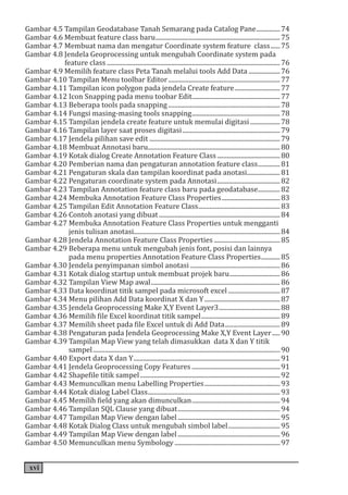 xvi
Gambar 4.5 Tampilan Geodatabase Tanah Semarang pada Catalog Pane................74
Gambar 4.6 Membuat feature class baru................................................................................75
Gambar 4.7 Membuat nama dan mengatur Coordinate system feature class.......75
Gambar 4.8 Jendela Geoprocessing untuk mengubah Coordinate system pada
. feature class...............................................................................................................76
Gambar 4.9 Memilih feature class Peta Tanah melalui tools Add Data.....................76
Gambar 4.10 Tampilan Menu toolbar Editor........................................................................77
Gambar 4.11 Tampilan icon polygon pada jendela Create feature..............................77
Gambar 4.12 Icon Snapping pada menu toobar Edit.........................................................77
Gambar 4.13 Beberapa tools pada snapping........................................................................78
Gambar 4.14 Fungsi masing-masing tools snapping.........................................................78
Gambar 4.15 Tampilan jendela create feature untuk memulai digitasi....................78
Gambar 4.16 Tampilan layer saat proses digitasi...............................................................79
Gambar 4.17 Jendela pilihan save edit....................................................................................79
Gambar 4.18 Membuat Annotasi baru.....................................................................................80
Gambar 4.19 Kotak dialog Create Annotation Feature Class.........................................80
Gambar 4.20 Pemberian nama dan pengaturan annotation feature class...............81
Gambar 4.21 Pengaturan skala dan tampilan koordinat pada anotasi......................81
Gambar 4.22 Pengaturan coordinate system pada Annotasi.........................................82
Gambar 4.23 Tampilan Annotation feature class baru pada geodatabase...............82
Gambar 4.24 Membuka Annotation Feature Class Properties......................................83
Gambar 4.25 Tampilan Edit Annotation Feature Class.....................................................83
Gambar 4.26 Contoh anotasi yang dibuat..............................................................................84
Gambar 4.27 Membuka Annotation Feature Class Properties untuk mengganti
. jenis tulisan anotasi.............................................................................................84
Gambar 4.28 Jendela Annotation Feature Class Properties...........................................85
Gambar 4.29 Beberapa menu untuk mengubah jenis font, posisi dan lainnya
. pada menu properties Annotation Feature Class Properties.............85
Gambar 4.30 Jendela penyimpanan simbol anotasi..........................................................86
Gambar 4.31 Kotak dialog startup untuk membuat projek baru.................................86
Gambar 4.32 Tampilan View Map awal...................................................................................86
Gambar 4.33 Data koordinat titik sampel pada microsoft excel..................................87
Gambar 4.34 Menu pilihan Add Data koordinat X dan Y.................................................87
Gambar 4.35 Jendela Geoprocessing Make X,Y Event Layer3........................................88
Gambar 4.36 Memilih file Excel koordinat titik sampel...................................................89
Gambar 4.37 Memilih sheet pada file Excel untuk di Add Data....................................89
Gambar 4.38 Pengaturan pada Jendela Geoprocessing Make X,Y Event Layer......90
Gambar 4.39 Tampilan Map View yang telah dimasukkan data X dan Y titik
.sampel........................................................................................................................90
Gambar 4.40 Export data X dan Y..............................................................................................91
Gambar 4.41 Jendela Geoprocessing Copy Features.........................................................91
Gambar 4.42 Shapefile titik sampel..........................................................................................92
Gambar 4.43 Memunculkan menu Labelling Properties.................................................93
Gambar 4.44 Kotak dialog Label Class.....................................................................................93
Gambar 4.45 Memilih field yang akan dimunculkan.........................................................94
Gambar 4.46 Tampilan SQL Clause yang dibuat..................................................................94
Gambar 4.47 Tampilan Map View dengan label..................................................................95
Gambar 4.48 Kotak Dialog Class untuk mengubah simbol label..................................95
Gambar 4.49 Tampilan Map View dengan label..................................................................96
Gambar 4.50 Memunculkan menu Symbology....................................................................97
 