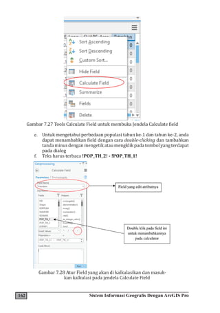 162 Sistem Informasi Geografis Dengan ArcGIS Pro
Gambar 7.27 Tools Calculate Field untuk membuka Jendela Calculate field
e. Untuk mengetahui perbedaan populasi tahun ke-1 dan tahun ke-2, anda
dapat menambahkan field dengan cara double-clicking dan tambahkan
tanda minus dengan mengetik atau mengklik pada tombol yang terdapat
pada dialog
f. Teks harus terbaca !POP_TH_2! - !POP_TH_1!
Gambar 7.28 Atur Field yang akan di kalkulasikan dan masuk-
kan kalkulasi pada jendela Calculate Field
 