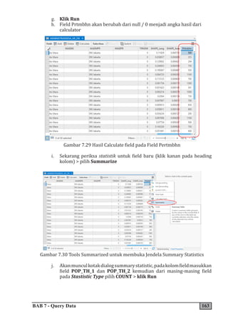 BAB 7 - Query Data 163
g. Klik Run
h. Field Prtmbhn akan berubah dari null / 0 menjadi angka hasil dari
calculator
Gambar 7.29 Hasil Calculate field pada Field Pertmbhn
i. Sekarang periksa statistik untuk field baru (klik kanan pada heading
kolom) > pilih Summarize
Gambar 7.30 Tools Summarized untuk membuka Jendela Summary Statistics
j. Akanmunculkotakdialogsummarystatistic,padakolomfieldmasukkan
field POP_TH_1 dan POP_TH_2 kemudian dari masing-masing field
pada Stastistic Type pilih COUNT > klik Run
 