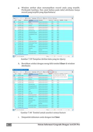 168 Sistem Informasi Geografis Dengan ArcGIS Pro
g. Window atribut akan menampilkan record anda yang terpilih.
Periksalah hasilnya. Dan catat bahwa pada tabel attributes hanya
record yang terpilih yang diperbaharui
Gambar 7.39 Tampilan Atribut data yang ter-Query
h. Bersihkan seleksi dengan meng-klik tombol Clear di window
Attributes
Gambar 7.40 Tombol untuk unselect semua feature
i. Simpanlah dokumen anda dengan tool Save
 