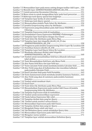 xix
Gambar 7.5 Memasukkan layer pada menu setting dengan toolbar Add Layer....150
Gambar 7.6 Memilih layer ADMINISTRASIKECAMATAN_AR_25K..............................151
Gambar 7.7 Contoh pencarian Kecamatan Cilincing.........................................................151
Gambar 7.8 Menu zoom to untuk mengarahkan layar pada hasil pencarian.........152
Gambar 7.9 Beberapa tools Query spasial dan fungsinya...............................................152
Gambar 7.10 Tampilan layar ketika di select (pilih)..........................................................153
Gambar 7.11 Beberapa tools Query spasial..........................................................................153
Gambar 7.12 Memunculkan jendela Tools Select By Attributes...................................154
Gambar 7.13 Jendela Geoprocessing selecy by Attributes..............................................155
Gambar 7.14 Expression yang dimasukkan pada Add Clause WADMKC =
.Cilincing.....................................................................................................................155
Gambar 7.15 Tampilan Expression telah di tambahkan..................................................156
Gambar 7.16 Penambahan Clause Expression WADMKC=Pademangan..................156
Gambar 7.17 Tampilan layer hasil Query dengan dua Clause.......................................157
Gambar 7.18 Tools Select By Attributes pada Menu Map...............................................157
Gambar 7.19 Tampilan layar dari shapefile JALAN_LN_25 dan
.ADMINISTRASIDESA_AR_25K.........................................................................158
Gambar 7.20 Pengaturan pada Jendela Geoprocessing Select Layer By Location.158
Gambar 7.21 Pemilihan features JALAN_LN_25K...............................................................159
Gambar 7.22 Tampilan Layar hasil Query Selecy By Location......................................159
Gambar 7.23 Membuka informasi Atribut tabel shapefile
.ADMINISTRASIDESA_AR_25K.........................................................................160
Gambar 7.24 Tombol untuk menambahkan field baru dibawah informasi
. tabel atribut.............................................................................................................161
Gambar 7.25 Tools Menambahkan field baru ada Menu Field......................................161
Gambar 7.26 Atur Nama field Baru dan type field nya.....................................................161
Gambar 7.27 Tools Calculate Field untuk membuka Jendela Calculate field..........162
Gambar 7.28 Atur Field yang akan di kalkulasikan dan masukkan kalkulasi
. pada jendela Calculate Field.............................................................................162
Gambar 7.29 Hasil Calculate field pada Field Pertmbhn.................................................163
Gambar 7.30 Tools Summarized untuk membuka Jendela Summary Statistics....163
Gambar 7.31 Atur Field yang akan di summary pada jendela Summary
.Statistics....................................................................................................................164
Gambar 7.32 Tombol untuk membuat chart.........................................................................164
Gambar 7.33 Hasil Chart................................................................................................................ 165
Gambar 7.34 Tools Select By Attributes pada Menu Map...............................................165
Gambar 7.35 Menambahkan Expression pada tombol Add Clause di Jendela
. Geoprocessing Select By Attributes..............................................................166
Gambar 7.36 Tampilan Expression telah di tambahkan..................................................166
Gambar 7.37 Tombol untuk memverifikasi expression...................................................167
Gambar 7.38 Tanda bahwa Expression SQL valid...............................................................167
Gambar 7.39 Tampilan Atribut data yang ter-Query.........................................................168
Gambar 7.40 Tombol untuk unselect semua feature........................................................168
Gambar 7.41 Memasukkan Expression pada Add Clause...............................................169
Gambar 7.42 Tampilan Atribut data yang ter-Query.........................................................169
Gambar 7.43 Mengubah Nama salah satu layer..................................................................170
Gambar 7.44 Tab Definition Query untuk melakukan Query data..............................170
Gambar 7.45 Memasukkan Expression pada Add Clause...............................................171
Gambar 7.46 Mengatur warna symbol....................................................................................171
Gambar 7.47 Tampilan layar setelah memasukkan Definition Query
 