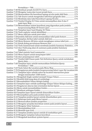 xx
. Pertmbhan > 700...................................................................................................172
Gambar 7.48 Membuat projek ArcGIS Pro baru..................................................................173
Gambar 7.49 Mengatur nama dan Locasi projek baru.....................................................173
Gambar 7.50 Memasukkan file koordinat lapang uji.xlsx pada Add Data................173
Gambar 7.51 Tab Source untuk mengetahui informasi geografis data.....................174
Gambar 7.52 Membuka data tabel Koordinat Lapang Uji.xlsx......................................174
Gambar 7.53 Tombol Display X,Y Data untuk menampilkan data X dan Y
. pada layar Map.......................................................................................................175
Gambar 7.54 Menentukkan sistem koordinat yang digunakan pada jendela
. Geoprocessing Make XY Event Layer............................................................175
Gambar 7.55 Tampilan layar hasil Display X,Y Data..........................................................176
Gambar 7.56 Tools explorer untuk identifikasi...................................................................176
Gambar 7.57 Menu Add Join untuk joint tabel.....................................................................177
Gambar 7.58 Jendela Add Join untuk memasukkan tabel pada feature....................177
Gambar 7.59 Tampilan Atribut tabel setelah Add Join.....................................................178
Gambar 7.60 Menu Remove All Joins untuk menghapus semua tabel join.............178
Gambar 7.61 Kotak dialog persetujuan Remove join........................................................178
Gambar 7.62 Tools Summarized untuk membuka Jendela Summary Statistics....179
Gambar 7.63 Atur Field yang akan di summary pada jendela Summary
.Statistics....................................................................................................................180
Gambar 7.64 Tabel statistic hasil summarize.......................................................................180
Gambar 7.65 Menu Export untuk menyimpan tabel.........................................................180
Gambar 7.66 Atur penyimpanan tabel....................................................................................181
Gambar 7.67 Tombol Add Clause pada Tab Definition Query untuk melakukan
. Query data................................................................................................................182
Gambar 7.68 Tampilan layar setelah memasukkan Definition Query
. Pertmbhan < 500...................................................................................................183
Gambar 7.69 Tools Select By Location pada Menu Map..................................................184
Gambar 7.70 Pengaturan pada Jendela Geoprocessing Select Layer By Location.184
Gambar 7.71 Tampilan layar setelah select by location intersection pasar
. dengan minimarket 1500 meter.....................................................................185
Gambar 8.1 Mengubah Single symbol menjadi Unique Values.....................................188
Gambar 8.2 Memilih field yang akan di symbology...........................................................188
Gambar 8.3 Menambahkan Values Kelapa Gading ............................................................189
Gambar 8.4 Tampilan layar setelah symbology Unique Values Kelapa Gading.....189
Gambar 8.5 Pengaturan ukuran dan orientation kertas layout....................................190
Gambar 8.6 Menu untuk menambahkan Guides.................................................................190
Gambar 8.7 Membuat settingan Guides..................................................................................191
Gambar 8.8 Tampilan layar layout setelah dimasukkan Guides...................................191
Gambar 8.9 Menampilkan peta pada jendela layout.........................................................192
Gambar 8.10 Tampilan jendela layout setelah ditambahkan peta..............................192
Gambar 8.11 Beberapa tools pada Menu Layout................................................................193
Gambar 8.12 Memunculkan jendela properties..................................................................193
Gambar 8.13 Mengatur proyeksi koordinat sistem pada jendela layout..................194
Gambar 8.14 Mengatur lebar halaman....................................................................................194
Gambar 8.15 Menambahkan Grid..............................................................................................195
Gambar 8.16 Memilih type Grid.................................................................................................195
Gambar 8.17 Tampilan jendela layout setelah di tambahkan grid..............................196
Gambar 8.18 Mengatur tampilan tulisan koordinat..........................................................196
Gambar 8.19 Mengubah koordinat system layout..............................................................197
 