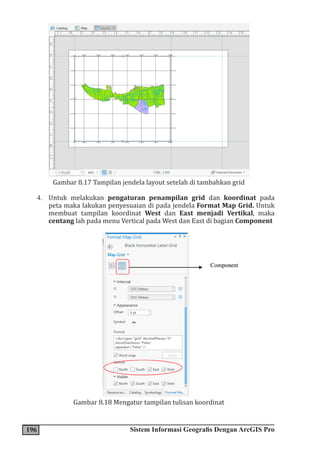 196 Sistem Informasi Geografis Dengan ArcGIS Pro
Gambar 8.17 Tampilan jendela layout setelah di tambahkan grid
4. Untuk melakukan pengaturan penampilan grid dan koordinat pada
peta maka lakukan penyesuaian di pada jendela Format Map Grid. Untuk
membuat tampilan koordinat West dan East menjadi Vertikal, maka
centang lah pada menu Vertical pada West dan East di bagian Component
Gambar 8.18 Mengatur tampilan tulisan koordinat
 
