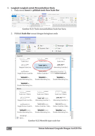 198 Sistem Informasi Geografis Dengan ArcGIS Pro
E. Langkah-Langkah untuk Menambahkan Skala
1. Pada menu Insert > pilihlah tools New Scale Bar
Gambar 8.21 Tools menambahkan Scale bar baru
2. Pilihlah Scale Bar sesuai dengan keinginan anda
Gambar 8.22 Memilih type scale bar
 