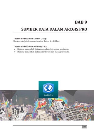211
BAB 9
SUMBER DATA DALAM ARCGIS PRO
Tujuan Instruksional Umum (TIU):
Mampu menjelaskan sumber data dalam ArcGIS Pro.
Tujuan Instruksional Khusus (TIK):
• Mampu menambah data dengan koneksi server arcgis pro.
• Mampu menambah data dari internet dan manage website.
 