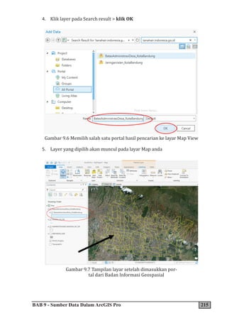BAB 9 - Sumber Data Dalam ArcGIS Pro 215
4. Klik layer pada Search result > klik OK
Gambar 9.6 Memilih salah satu portal hasil pencarian ke layar Map View
5. Layer yang dipilih akan muncul pada layar Map anda
Gambar 9.7 Tampilan layar setelah dimasukkan por-
tal dari Badan Informasi Geospasial
 