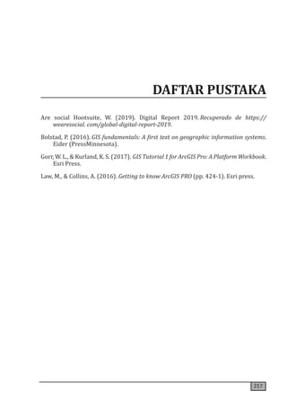 217
DAFTAR PUSTAKA
Are social Hootsuite, W. (2019). Digital Report 2019. Recuperado de https://
wearesocial. com/global-digital-report-2019.
Bolstad, P. (2016). GIS fundamentals: A first text on geographic information systems.
Eider (PressMinnesota).
Gorr, W. L., & Kurland, K. S. (2017). GIS Tutorial 1 for ArcGIS Pro: A Platform Workbook.
Esri Press.
Law, M., & Collins, A. (2016). Getting to know ArcGIS PRO (pp. 424-1). Esri press.
 