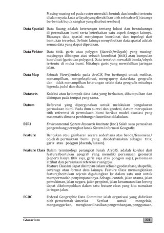 Glosarium 221
Masing-masing sel pada raster mewakili bentuk dan kondisi tertentu
dialamnyata.Luaswilayahyangdiwakilkanolehsebuahsel(biasanya
berbentuk bujuk sangkar yang disebut resolusi)
Data Spasial Data Ruang adalah keterangan tentang lokasi dan bentukannya
di permukaan bumi serta keterkaitan satu aspek dengan lainnya.
Biasanya data spasial menyimpan koordinat dan topologi dari
bentukan tersebut. Definisi lainnya menyebutkan data spasial adalah
semua data yang dapat dipetakan.
Data Vektor Data titik, garis atau polygon (daerah/wilayah) yang masing-
masingnya dibangun atas sebuah koordinat (titik) atau kumpulan
koordinat (garis dan polygon). Data tersebut mewakili benda/obyek
tertentu di muka bumi. Misalnya garis yang mewakilkan jaringan
jalan.
Data Map Sebuah View/jendela pada ArcGIS Pro berfungsi untuk melihat,
menampilkan, mengeksplorasi, meng-query data-data geografis
dan tidak menampilkan keterangan selain data geografis misalnya
legenda, judul dan skala.
Datasets Koleksi atau kelompok data-data yang berkaitan, dikumpulkan dan
disimpan pada tempat yang sama.
Datum Referensi yang dipergunakan untuk melakukan pengukuran
permukaan bumi. Pada ilmu survei dan geodesi, datum merupakan
titik referensi di permukaan bumi berikut model asosiasi yang
matematis dimana penhitungan koordinat dilakukan.
ESRI Environmental System Research Institute (Inc.) Salah satu perusahan
pengembang perangkat lunak Sistem Informasi Geografis
Feature Bentukan atau gambaran secara sederhana atas benda/fenomena/
objek di permukaan bumi yang disederhanakan sebagai titik,
garis atau polygon (daerah/luasan).
Feature Class Dalam terminologi perangkat lunak ArcGIS, adalah koleksi dari
feature/bentukan geografi yang memiliki persamaan geometri
(seperti hanya titik saja, garis saja atau polygon saja), persamaan
atribut dan persamaan referensi ruangnya.
FeatureClassinidapatdisimpandalamsebuahgeodatabase,shapefile,
coverage atau format data lainnya. Feature Class memungkinkan
feature/bentukan sejenis digabungkan ke dalam satu unit untuk
mempermudah penyimpanannya. Sebagai contoh, jalan utama, jalan
pemukiman, jalan negara, jalan propinsi, jalan kecamatan dan lorong
dapat dikelompokkan dalam satu feature class yang kita namakan
jaringan jalan.
FGDC Federal Geographic Data Commitee ialah organisasi yang didirikan
oleh pemerintah Amerika Serikat untuk mengelola,
menganggarkan, mengkoordinasikan pengembangan, penggunaan,
 